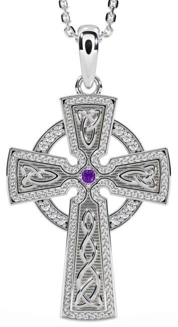 Diamond Amethyst Silver Celtic Cross Knot Necklace