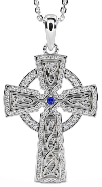 Diamond Sapphire Silver Celtic Cross Knot Necklace