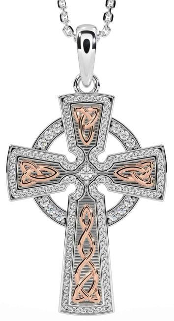 Diamond White Rose Gold Celtic Cross Knot Necklace