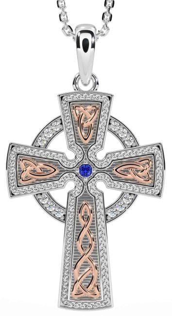 Diamond Sapphire White Rose Gold Celtic Cross Knot Necklace