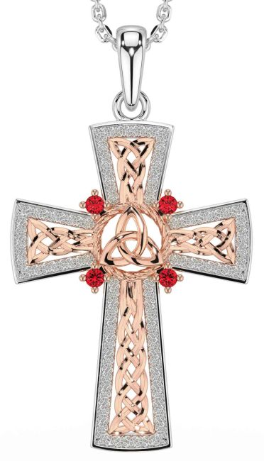 Ruby Rose Gold Silver Celtic Cross Trinity Knot Necklace
