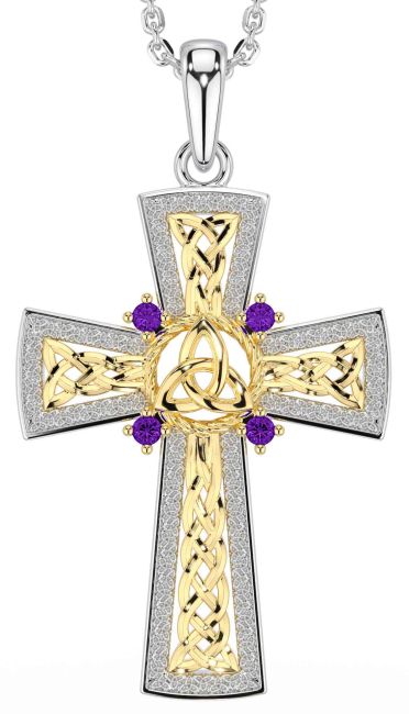 Amethyst Gold Silver Celtic Cross Trinity Knot Necklace