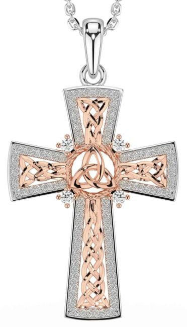 Diamond Rose Gold Silver Celtic Cross Trinity Knot Necklace