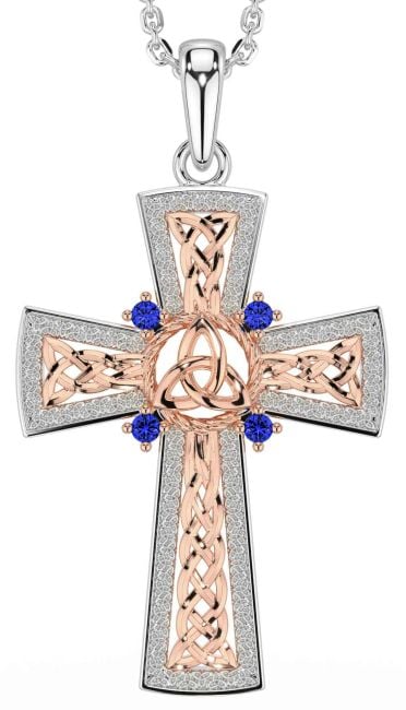 Sapphire Rose Gold Silver Celtic Cross Trinity Knot Necklace