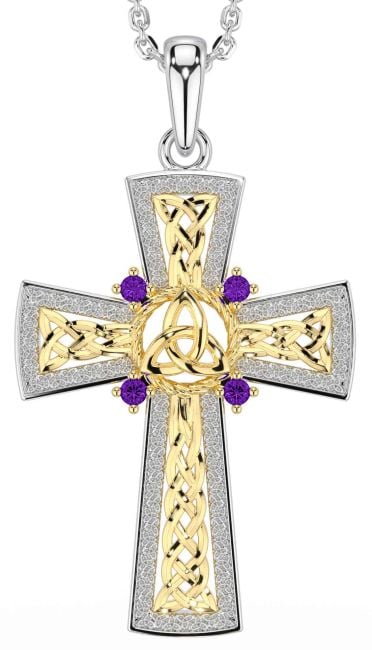 Amethyst Gold Silver Celtic Cross Trinity Knot Necklace