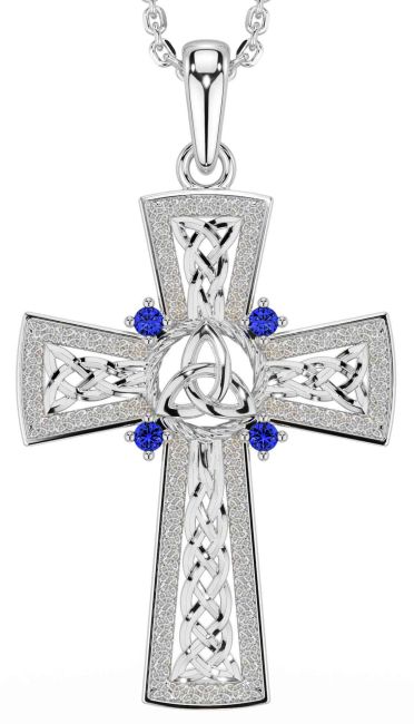 Sapphire White Gold Celtic Cross Trinity Knot Necklace