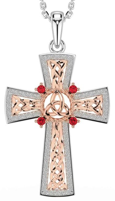 Ruby White Rose Gold Celtic Cross Trinity Knot Necklace