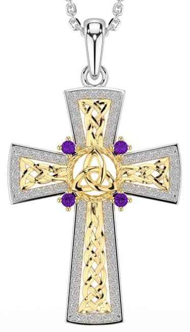 Amethyst White Yellow Gold Celtic Cross Trinity Knot Necklace