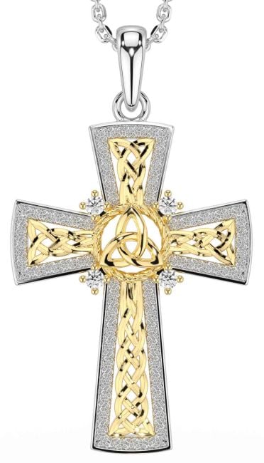Diamond White Yellow Gold Celtic Cross Trinity Knot Necklace
