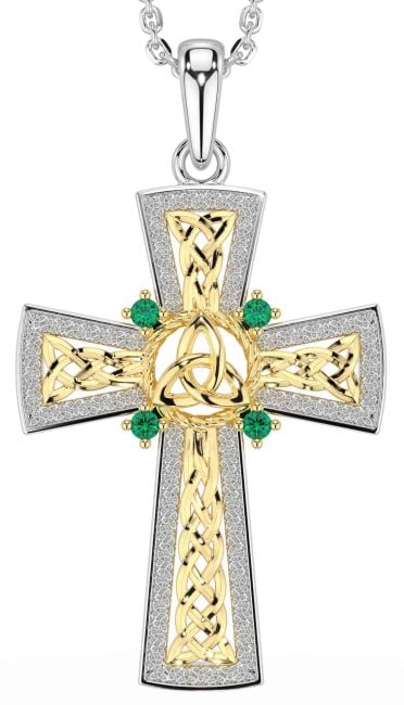 Emerald White Yellow Gold Celtic Cross Trinity Knot Necklace