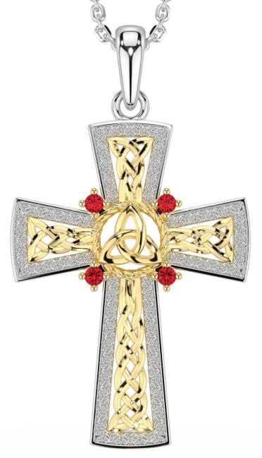 Ruby White Yellow Gold Celtic Cross Trinity Knot Necklace