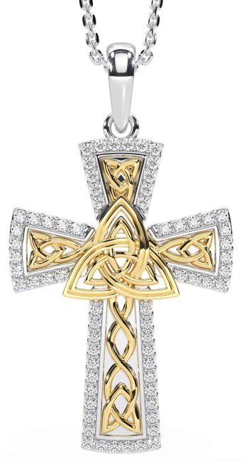 Diamond White Yellow Gold Celtic Cross Trinity Knot Necklace