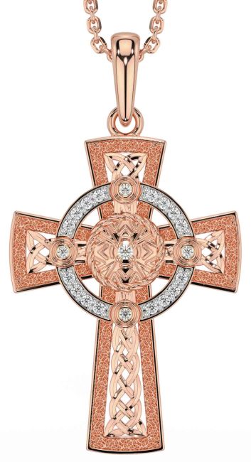 Diamond Rose Gold Silver Celtic Warrior Cross Necklace