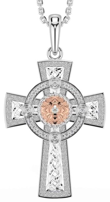 Diamond Rose Gold Silver Celtic Warrior Cross Necklace