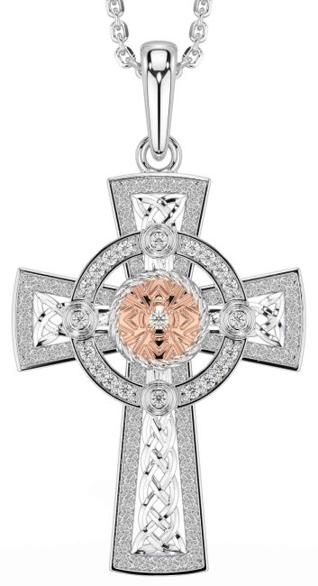Diamond White Rose Gold Celtic Warrior Cross Necklace