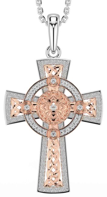Diamond Rose Gold Silver Celtic Warrior Cross Necklace