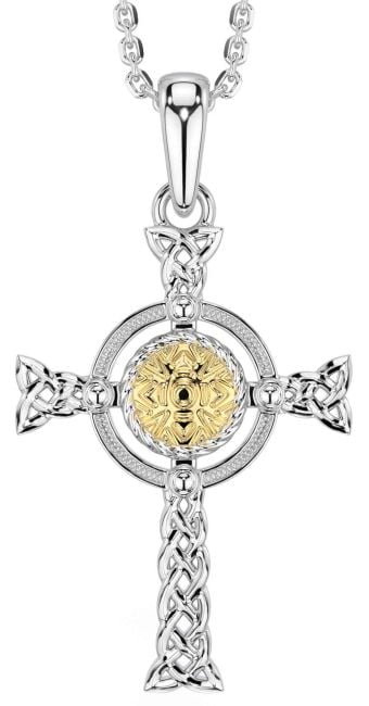 White Yellow Gold Celtic Cross Warrior Trinity Knot Necklace