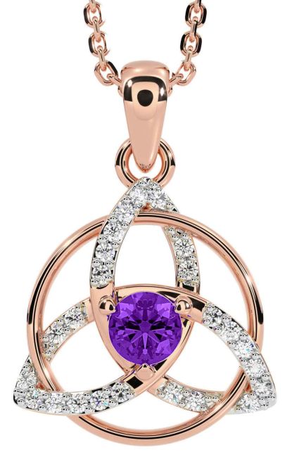 Diamond Amethyst Rose Gold Silver Celtic Trinity Knot Necklace