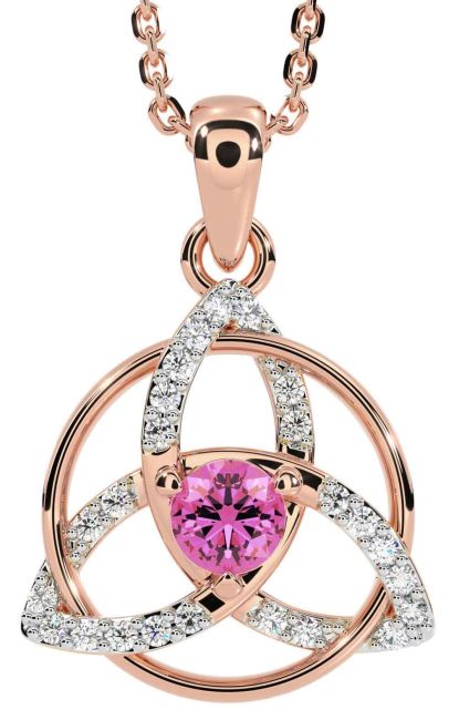 Diamond Pink Tourmaline Rose Gold Silver Celtic Trinity Knot Necklace