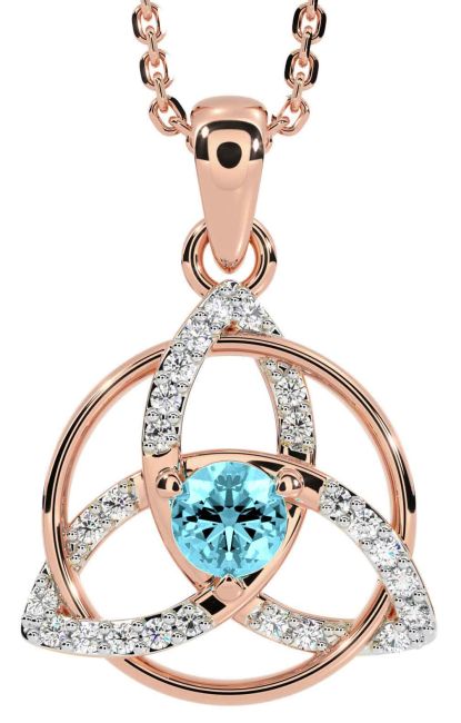 Diamond Aquamarine Rose Gold Celtic Trinity Knot Necklace