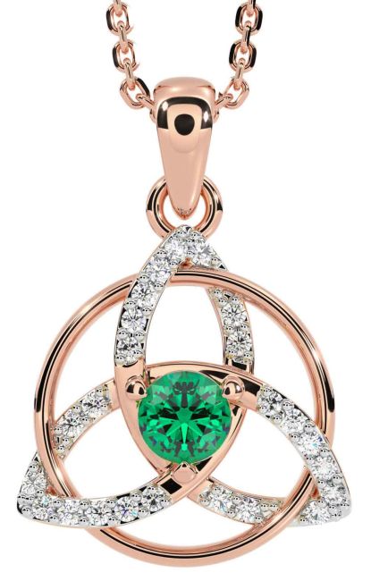 Diamond Emerald Rose Gold Celtic Trinity Knot Necklace