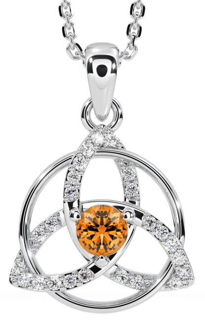 Diamond Citrine Silver Celtic Trinity Knot Necklace