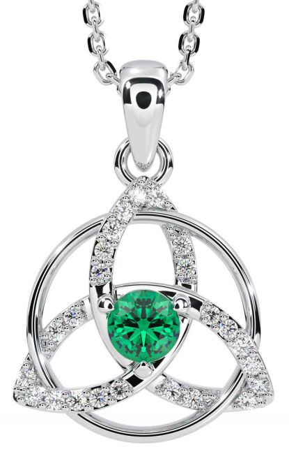 Diamond Emerald Silver Celtic Trinity Knot Necklace