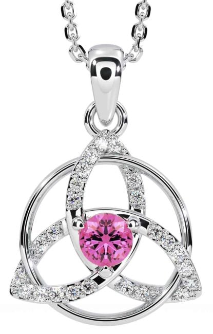 Diamond Pink Tourmaline Silver Celtic Trinity Knot Necklace