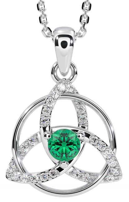 Diamond Emerald White Gold Celtic Trinity Knot Necklace