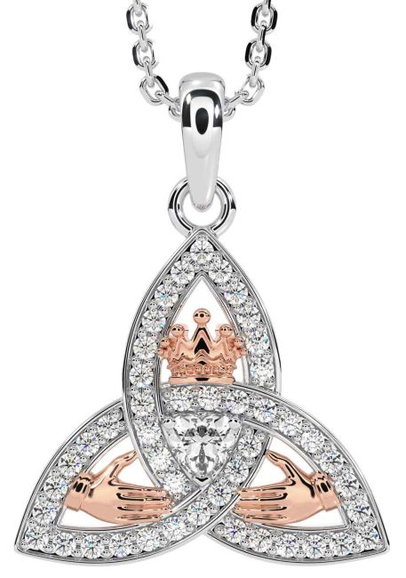 Diamond Rose Gold Silver Claddagh Trinity knot Necklace