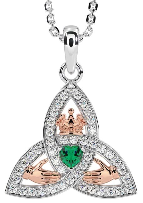 Diamond Emerald Rose Gold Silver Claddagh Trinity knot Necklace