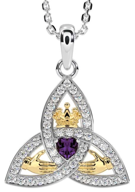 Diamond Alexandrite Gold Silver Claddagh Trinity knot Necklace