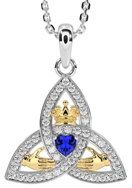 Diamond Sapphire Gold Silver Claddagh Trinity knot Necklace