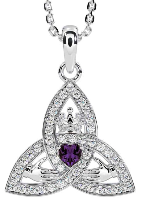 Diamond Alexandrite Silver Claddagh Trinity knot Necklace