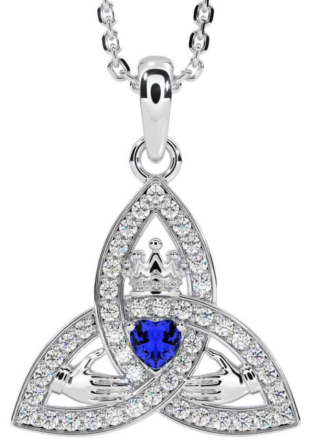 Diamond Sapphire Silver Claddagh Trinity knot Necklace