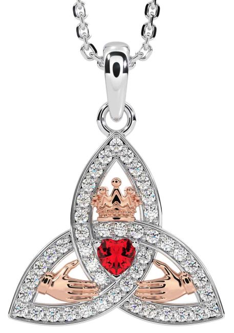 Diamond Ruby Rose Gold Silver Claddagh Trinity knot Necklace