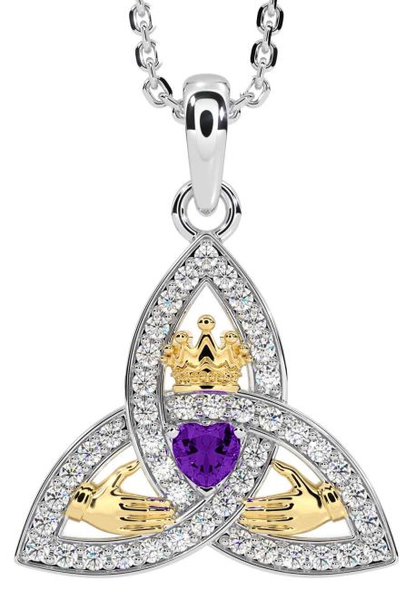 Diamond Amethyst Gold Silver Claddagh Trinity knot Necklace