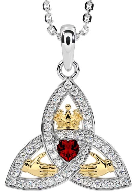 Diamond Garnet Gold Silver Claddagh Trinity knot Necklace