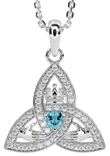 Diamond Aquamarine White Gold Claddagh Trinity knot Necklace