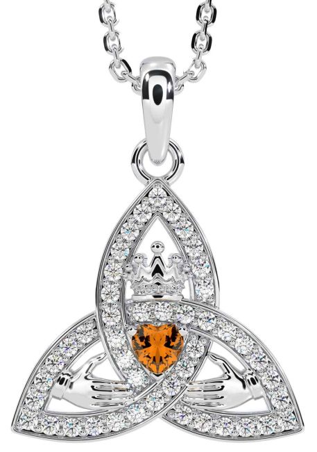 Diamond Citrine White Gold Claddagh Trinity knot Necklace