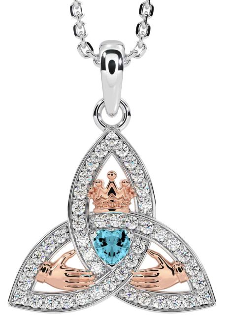 Diamond Aquamarine White Rose Gold Claddagh Trinity knot Necklace