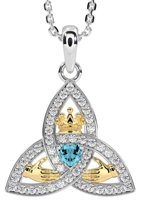 Diamond Aquamarine White Yellow Gold Claddagh Trinity knot Necklace