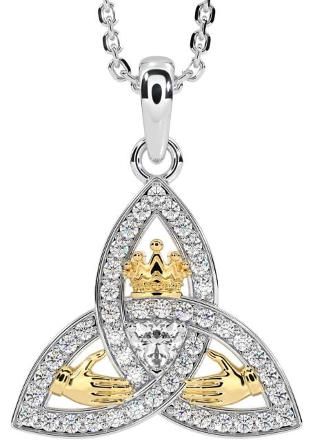 Diamond White Yellow Gold Claddagh Trinity knot Necklace