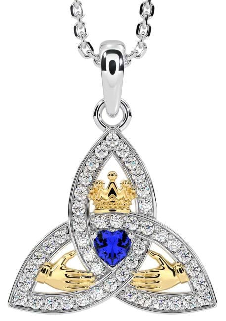 Diamond Sapphire White Yellow Gold Claddagh Trinity knot Necklace