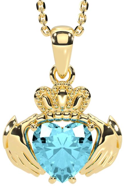 Aquamarine Gold Silver Claddagh Necklace