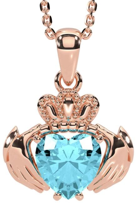 Aquamarine Rose Gold Claddagh Necklace