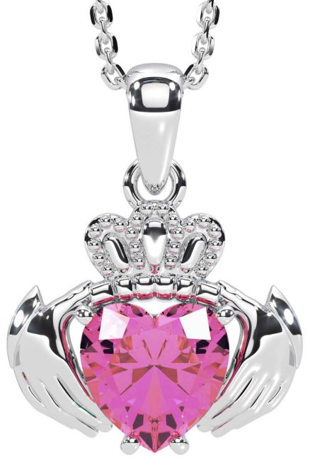 Pink Tourmaline Silver Claddagh Necklace