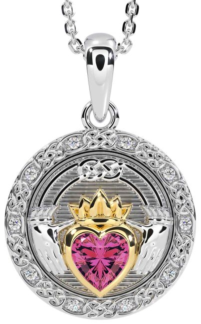 Diamond Pink Tourmaline Gold Silver Celtic Claddagh Necklace