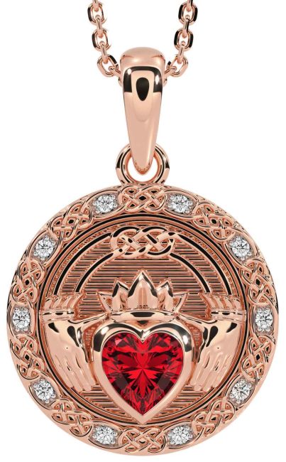 Diamond Ruby Rose Gold Silver Celtic Claddagh Necklace