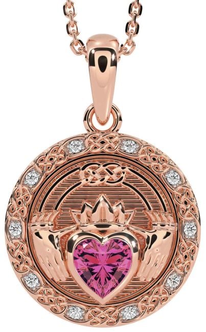 Diamond Pink Tourmaline Rose Gold Celtic Claddagh Necklace